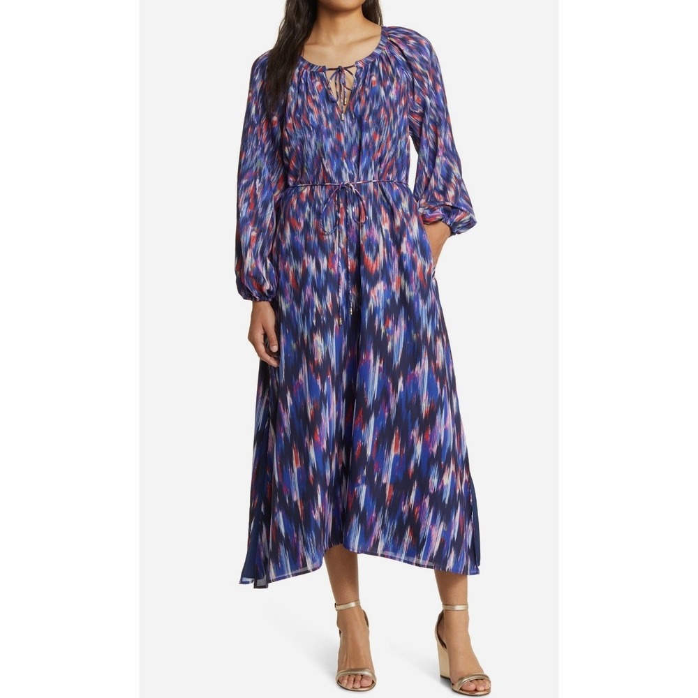 Tommy Bahama Iridescent Ikat Long Sleeve Midi Dress Island Navy Size M NEW